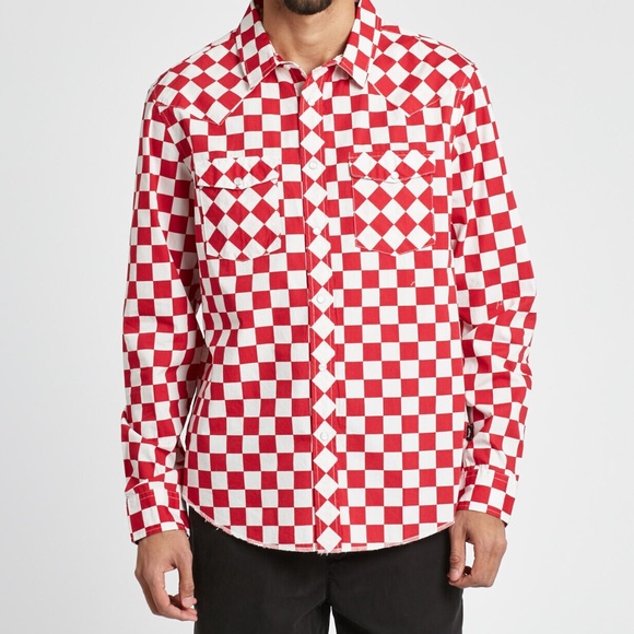 NEW STUSSY Checker Western Long Sleeve Button Down Shirt Red White - Picture 1 of 3